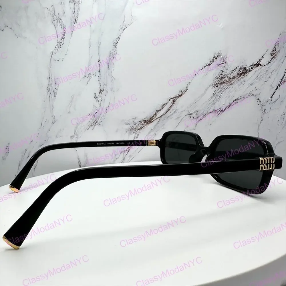 New MIU MIU Sunglasses Black Square Rectangle Acetate Gold Metal Logo Authentic